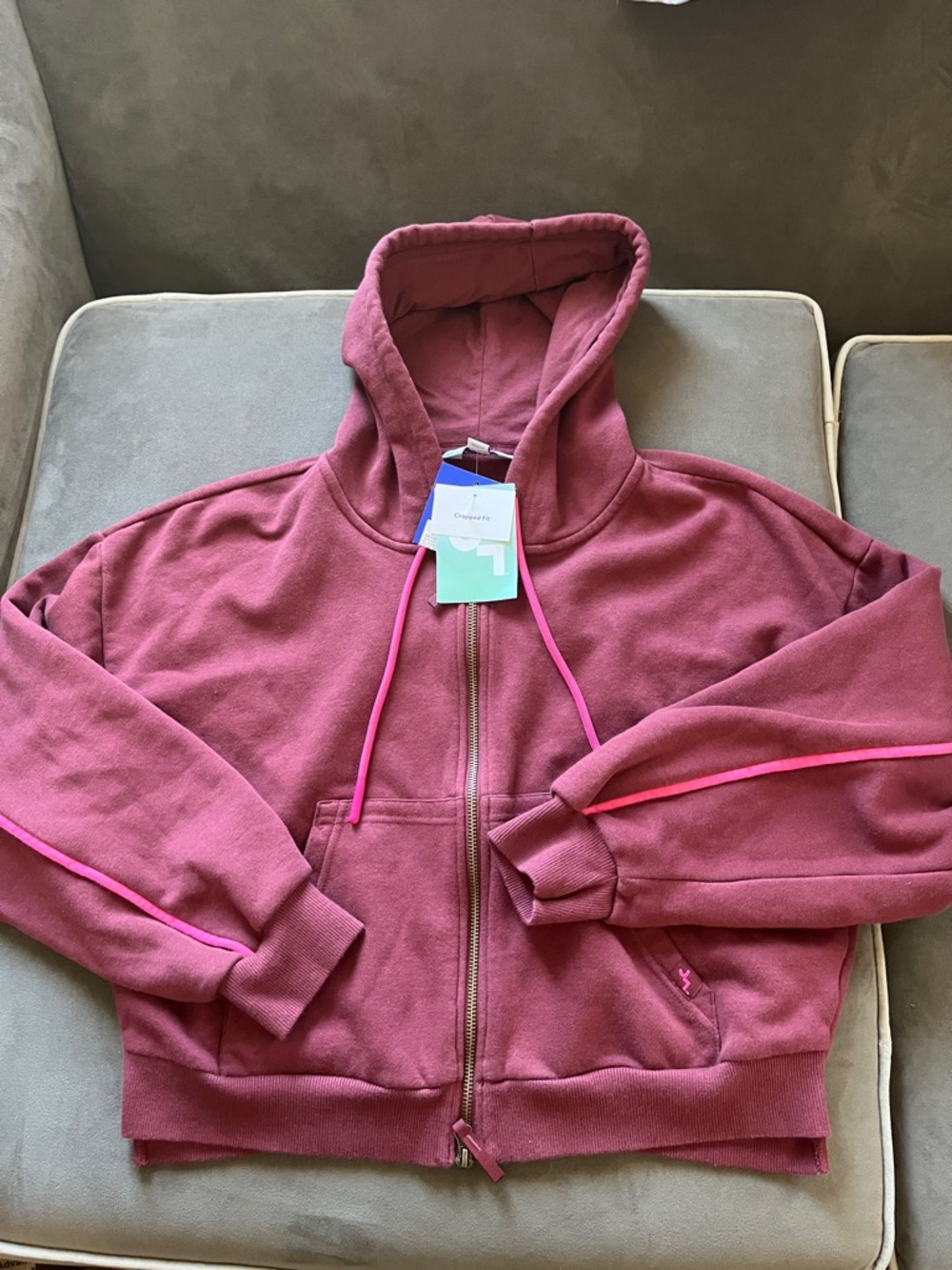 JoyLab Maroon Cropped Hoodie with Hot Pink Drawcords